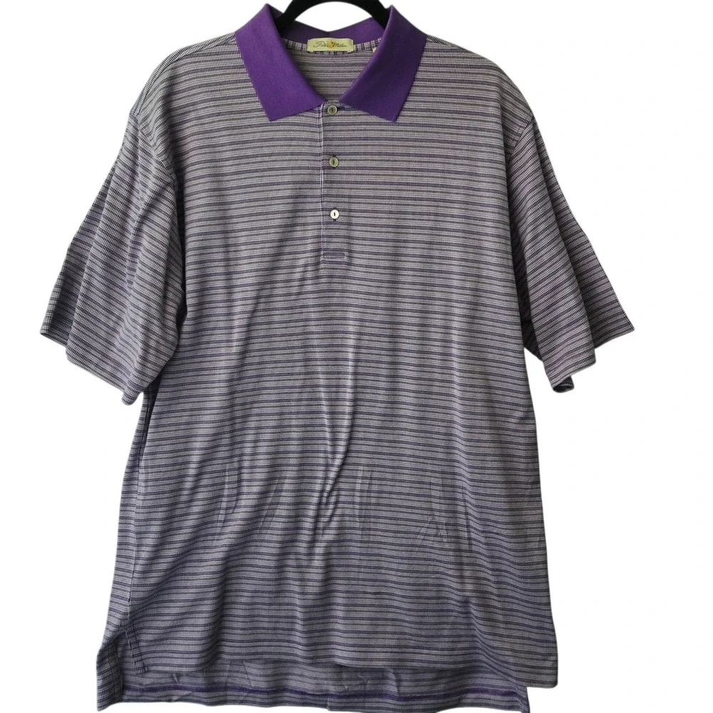 Peter Millar Mens Large Purple Stripe Double Mercerized Cotton‎ Polo Shirt Golf
